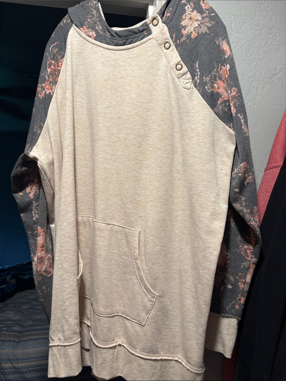 Maurices Cream Pullover with Charcoal Floral Raglan Sleeves